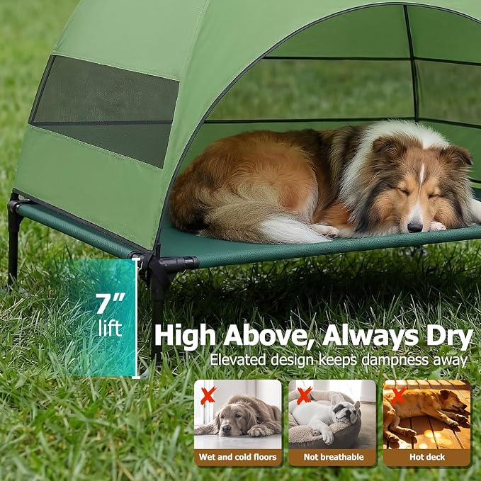 Elevated Dog Bed with UV-Proof Canopy, Outdoor Dog Tent with Powerful Adjustable Feet, Portable Pet Cot with Wider Shade, Raised Cooling Bed for Camping, Patio, Beach, Poolside