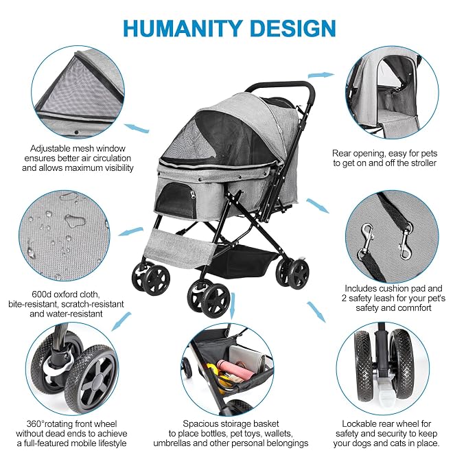 Lightweight Dog Stroller with Reversible Handle for Medium Small Dogs and Cats, Foldable Pet Stroller Travel Carriage with Large Storage Basket, 4 Wheels, Linen Gray