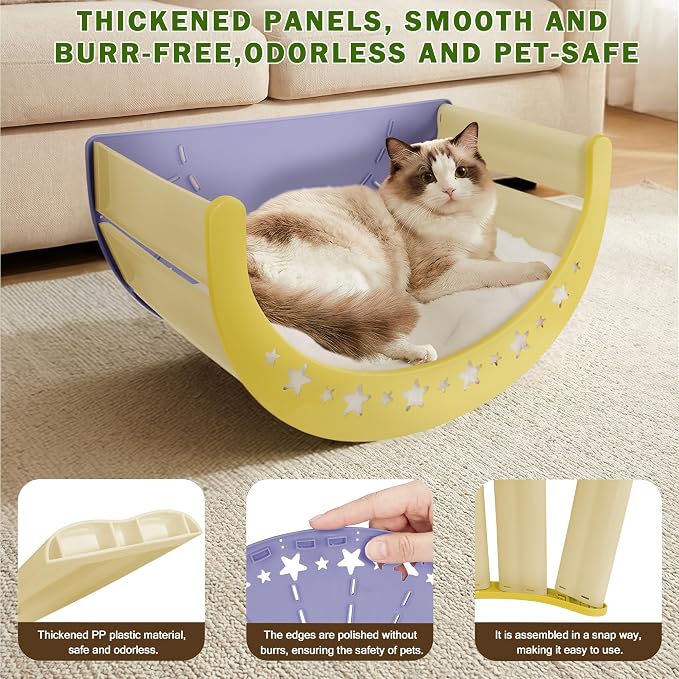 3-in-1 Crescent Elevated Cat Bed with Removable Sisal Scratcher & Soft Fleece Mat, Rocking Cat Hammock Lounge for Indoor Cats, Kittens & Small Animals, Purple