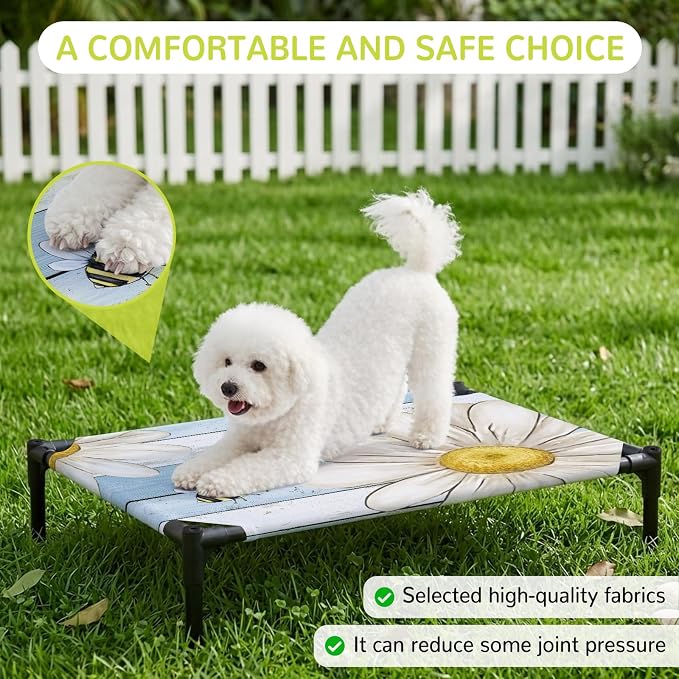 Outdoor Elevated Dog Bed for Large Dogs, White Daisy Rustic Breathable Cooling Raised Dog Cot for Indoor/Outdoor, Pastoral Flowers Honeybees Blue Wood Waterproof Elevated Pet Beds, L 28 x 22 in