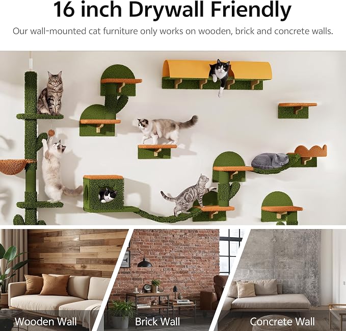 Cactus Cat Climbing Furniture Set with Floor to Ceiling Cat Tree | 5 Tier Cat Tower Adjustable Height (87-104in) and Wall Mounted Cat Shelves, with Cat Scratching Posts, Tunnel, Condo, Green