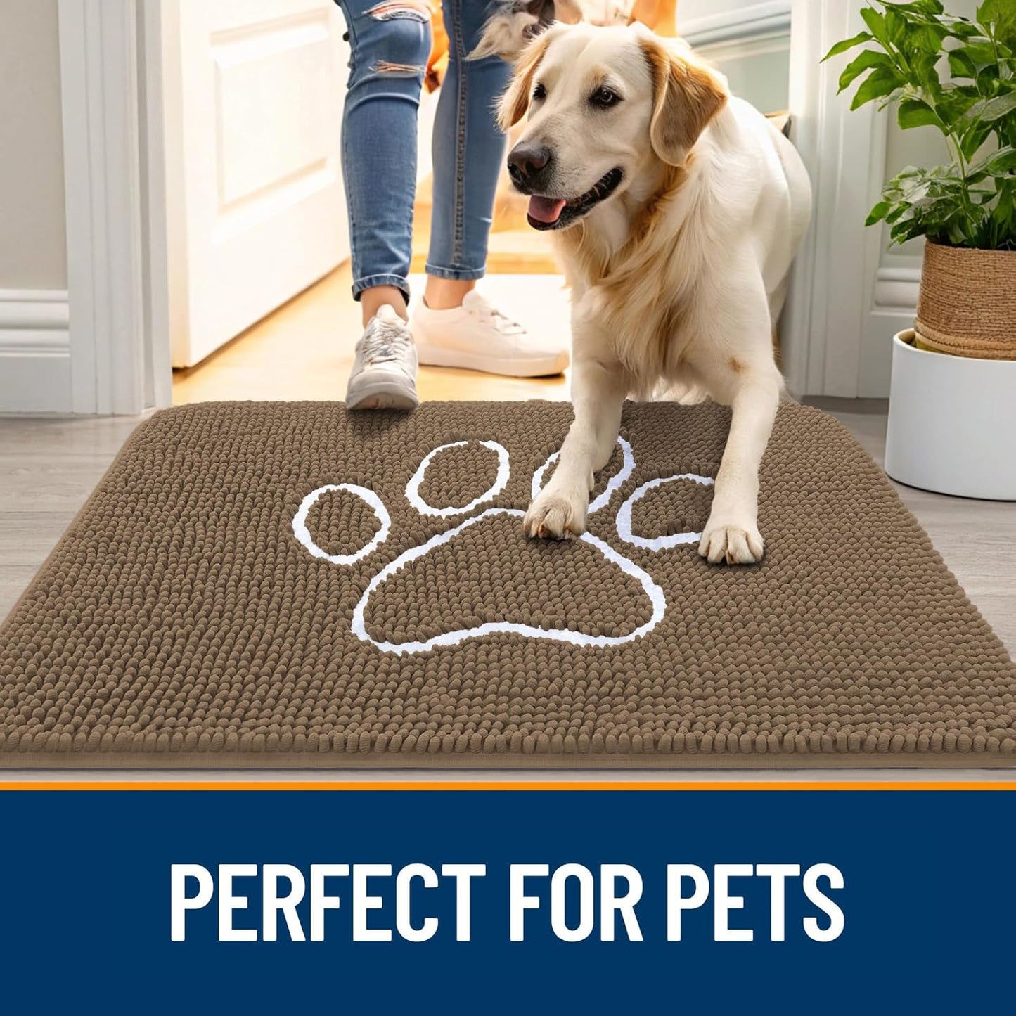 OLANLY Door Mat for Muddy Dog Paws 30x20, Ultra Absorbent Chenille Mud Doormat with Paw Print Design, Non-Slip Washable Doormat for Indoor Entryway, Quick-Dry Pet Bed Mats for Dirty Dogs, Tan