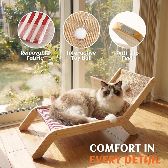 PETKARAY Beach Chair Cat Hammock, Elevated Cat Beds for Indoor Cats, Original Cozy Lounger with Sisal Scratcher and Toy Ball