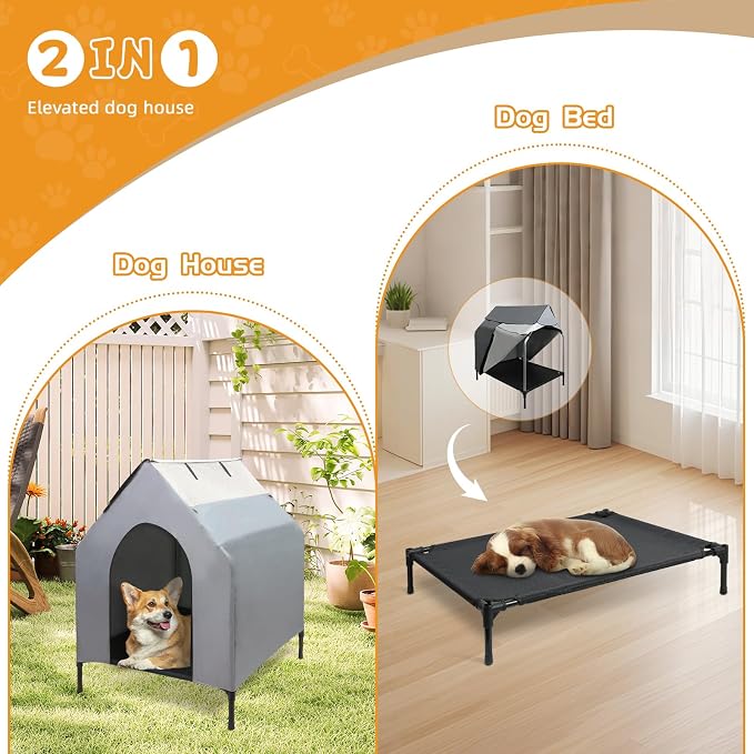 Dog House Outdoor, 2-in-1 Dog House for Small/Medium Dogs, Elevated Dog Bed with Canopy Weatherproof Puppy Shelter with Windows (Grey, 36 Inch)