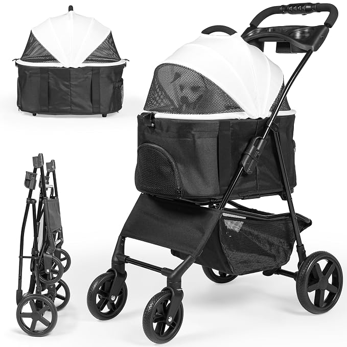 3-in-1 Folding Pet Stroller with Detachable Carrier – Lightweight Foldable Stroller for Cats & Dogs, Dog Carriers & Travel Products Solution with Safety Lock + Storage Basket