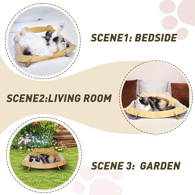 Sisal Cat Scratcher Bed with Hammock, Solid Wood Frame Cat Scratch Pad & Lounger for Indoor Cats, Durable Natural Sisal Cat Furniture Protector for Scratch, Rest and Sleep(Large)