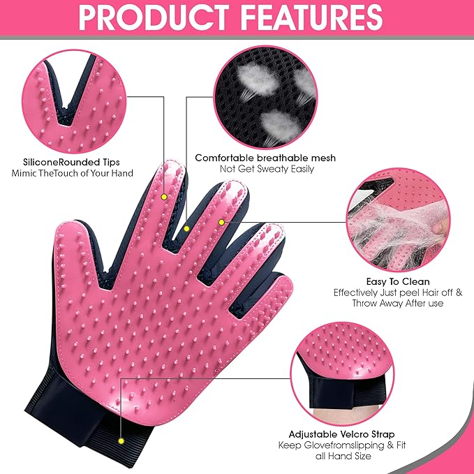 ZENELANEP Upgrade Pet Grooming Gloves, Grooming Gloves for Dogs, Cats, Rabbits & Horses with Long and Short Hair, Efficient Pets Hair Remover Mittens - 1 Pair (Pink)