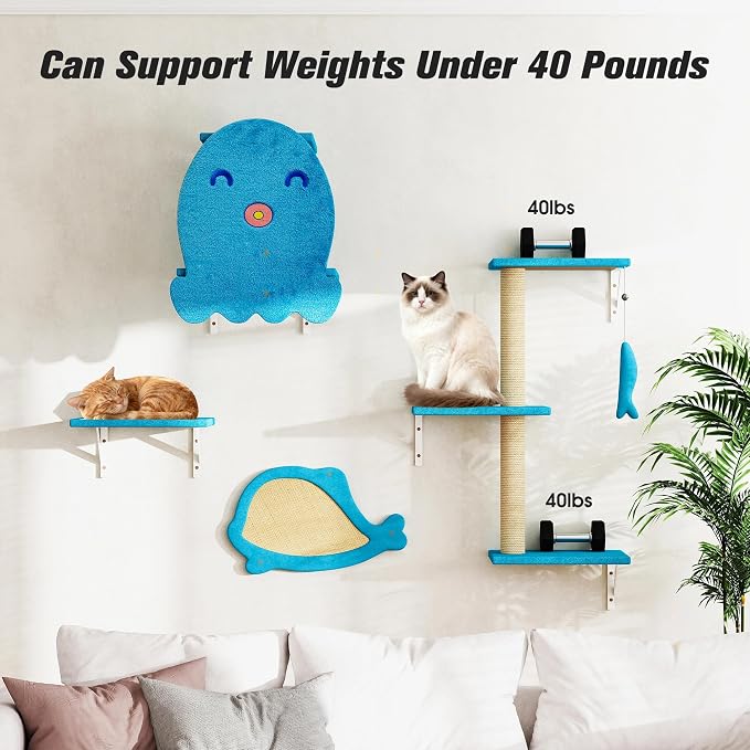 5 Pcs Wall-Mounted Climber Set, Wood Indoor with Shelves and Perches, Ladder, Condo House, Scratching Board and Tree, Wall Shelves Furniture for Cats (Ocean Blue)