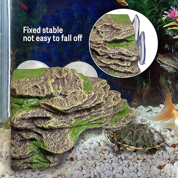 kathson Turtle Basking Platform Floating Turtle Dock Baby Tortoise Climbing Ramp Shale Reptiles Dock Resting Terrace Stone Aquarium Ornament for Frogs Newts (Green Size:7.1”Lx6.3”Wx2.7”H)