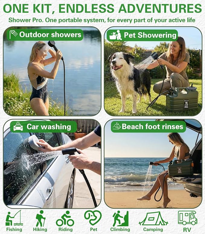 Beviliu Portable Camping Shower – 3 Gallon & 5 Gallon Food-Grade Jug, Rechargeable Pump, IPX8 Waterproof, Lightweight & Extra-Large Portable Shower for Camping, Beach, RV, Pet