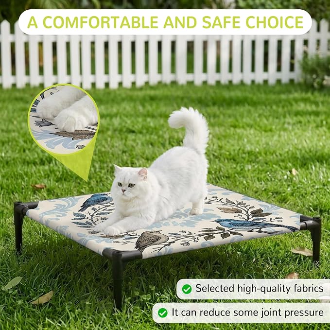 Outdoor Elevated Dog Bed for Small Dogs, Blue Floral Breathable Cooling Raised Dog Cot for Indoor/Outdoor, Rustic Birds Flowers Vintage Branch Garland Waterproof Elevated Pet Beds, S 20 x 20 in