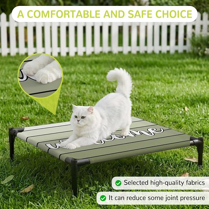 Outdoor Elevated Dog Bed for Small Dogs, Sage Green Wooden Grain Breathable Cooling Raised Dog Cot for Indoor/Outdoor, Gradient Farmhouse Wood Plank Waterproof Elevated Pet Beds, S 20 x 20 in