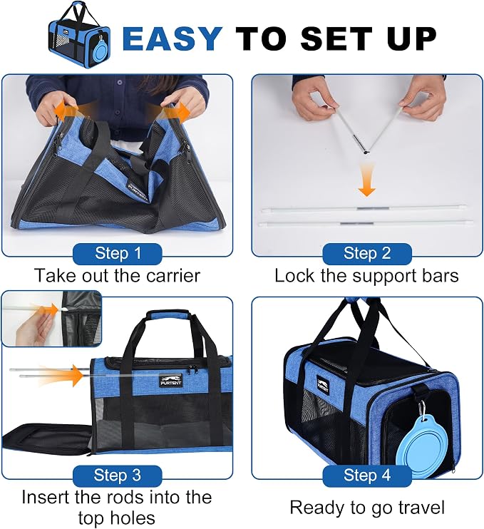 Pet Carrier Airline Approved, Soft Sided Cat Carrier for Small Pets up to 13 lbs, TSA Approved Dog Travel Bag, Portable Soft Sided Pet Carrier for Kittens and Puppies (Blue, Folding Bowl)