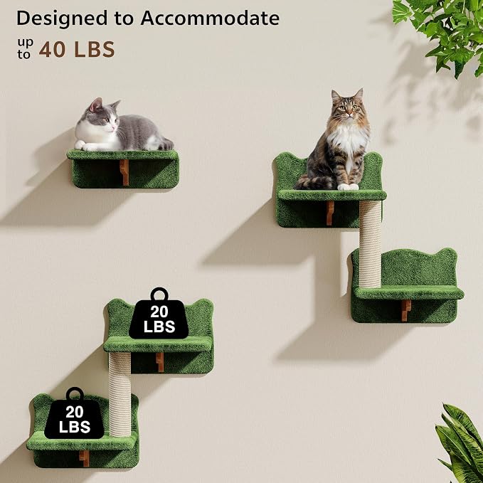 Cat Wall Furniture, 26 in 1 Cat Shelves w/Cat Tree, Tunnel, Green | Wall Mounted Cats Furniture Set w/Plush Fabric, Cat Climbing Systems for 16 Inch Drywall, with Scratching Posts, Bridge, Moon
