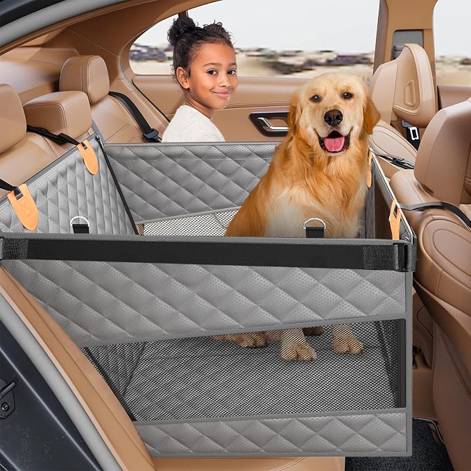 PETICON Large Dog Car Seat, Back Seat Extender for Dogs with Hard Bottom | Waterproof Medium Carseat for Dogs with 3 Mesh Windows, Pet Seat Cover for Cars, Trucks and SUVs