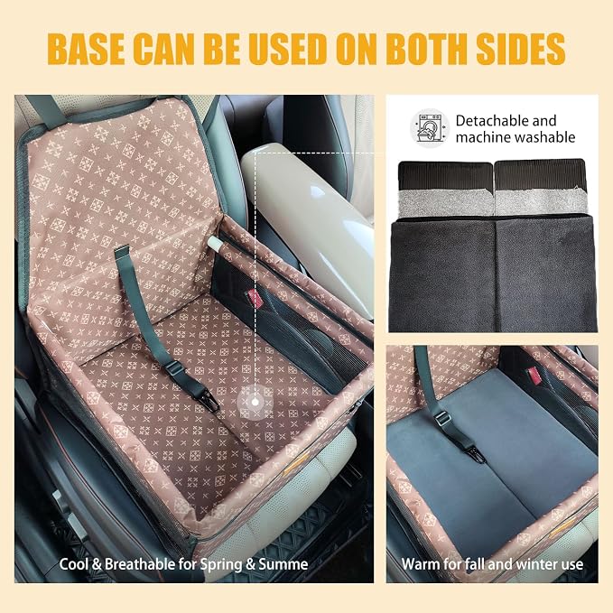 Pet Dog Booster Seat, Upgrading the Framed wall to Prevent Collapse，Breathable and Foldable Pet Car Basket，Removable andWashable pet car seat (Brown)