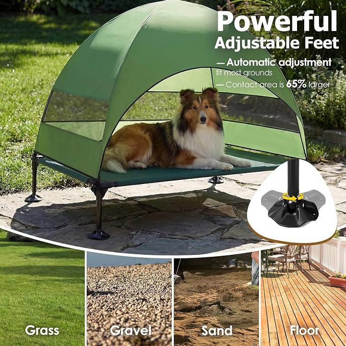 Elevated Dog Bed with UV-Proof Canopy, Outdoor Dog Tent with Powerful Adjustable Feet, Portable Pet Cot with Wider Shade, Raised Cooling Bed for Camping, Patio, Beach, Poolside