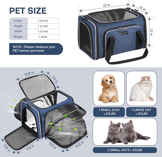 Pet Carrier, Large Soft Sided Expandable Travel Carrier with Steel Frame, Anti-Scratch Mesh, Removable Fleece Pad and Pockets for Cats, Dogs and Small Animals up to 15 lbs (Blue, 4 Sides Expandable)