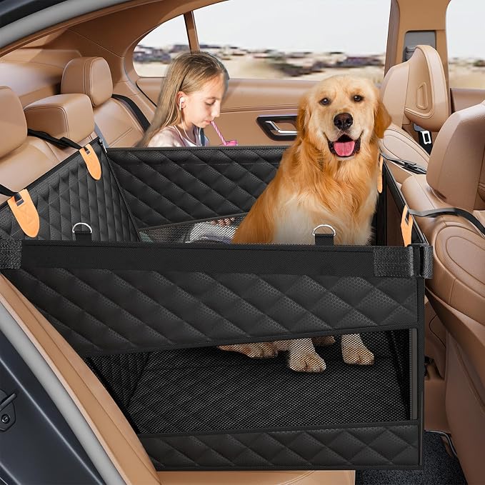 PETICON Large Dog Car Seat, Back Seat Extender for Dogs with Hard Bottom | Waterproof Medium Carseat for Dogs with 3 Mesh Windows, Pet Seat Cover for Cars, Trucks and SUVs