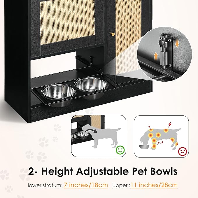 Feeding Station with 2 lockers, pet Feeding Station with 2 Elevated Dog Bowls, Side Hooks, Anti-Tipping kit, Hidden pet Feeding Station for Feeding and Watering, Rattan Door, Black
