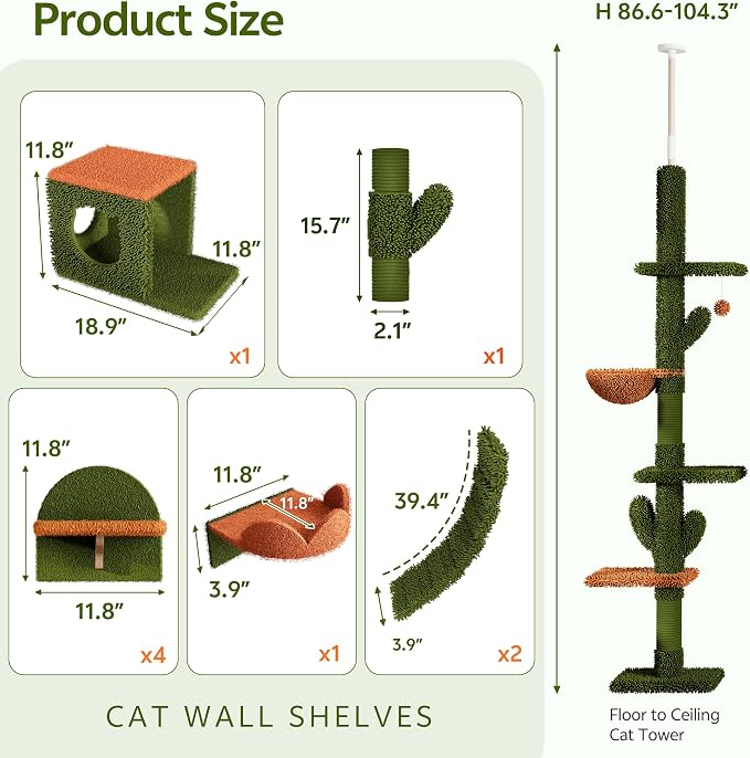 Cactus Floor to Ceiling Cat Tower, 10-in-1 Cat Wall Shelves, Green | Cats Tree with Adjustable Height(87-104 IN), Cat Climbing Wall Furniture Set for 16 Inch Drywall, with Scratching Post, Condo