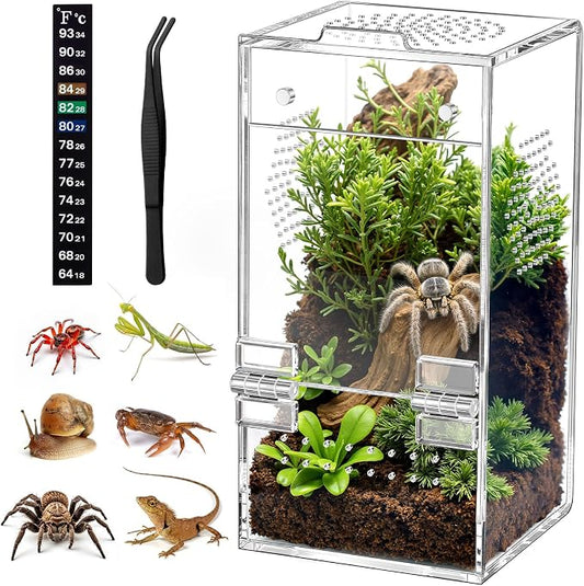 Pre-Assembled Jumping Spider Enclosure, All-Side Ventilation | 3.5"×3.5"×7" Escape-Proof Spider Terrarium Kit with Accessories & Magnetic Door for Tarantula, Mantis, Tweezer & Temp Sticker