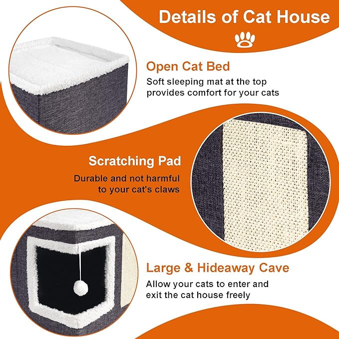 Loyareal Cat Houses for Indoor Cats - Large Cat Bed Cave with Scratch Pad and Fluffy Ball, Foldable Cat Condo Hideaway with Reversible Cushion for Multi Small Pet, Dark Grey