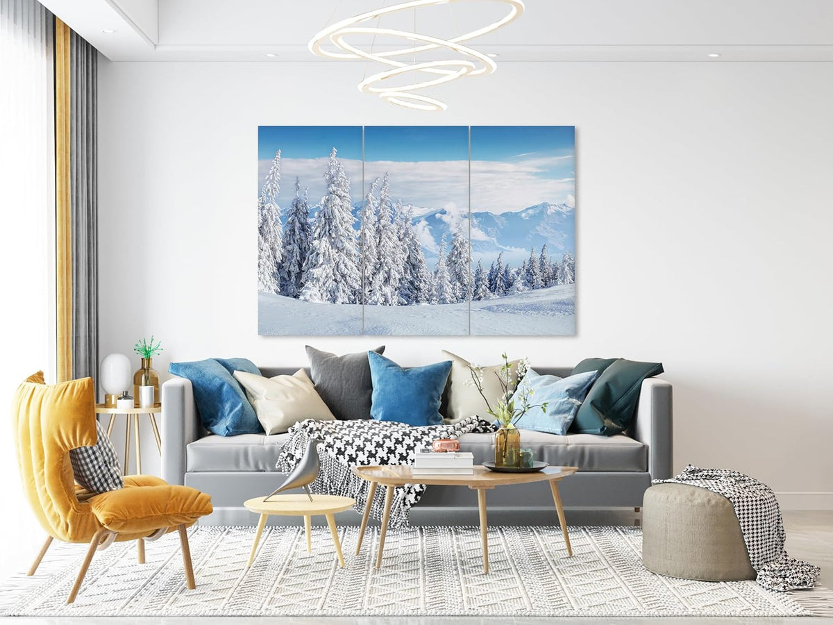 Nature Wall Art Prints - Ocean Forest Mountain Lake Canvas Landscapes - Small to Extra Large Living Room Bedroom Kitchen Bathroom Décor (Snow Covered Trees on Mountain, 35L" x 53W" - 3 Panels)