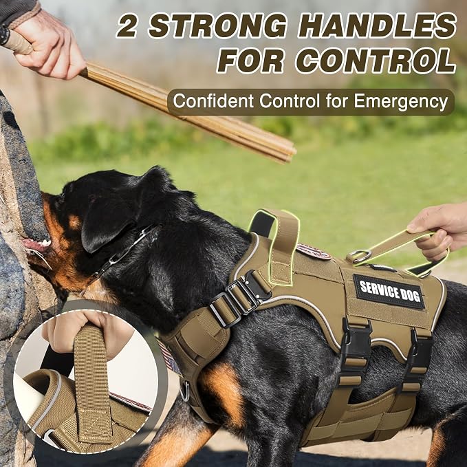 Tactical Dog Harness and Leash Set with Metal Buckles+10 Patches | Heavy Duty Service Dog Vest ,Adjustable Harness for Medium Sized Dogs,No Pull Front Back Clips,for Training Hiking,Brown M