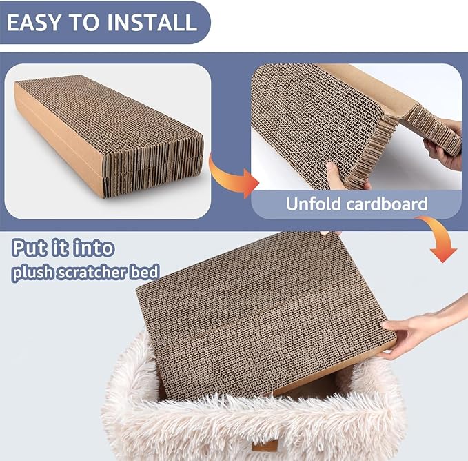 Cat Lounge Scratcher Box with Removable Cardboard (Beige) | High-density Corrugated Cardboard with Double-sided Use, Soft Long Plush, Release Stress and Protect Furniture