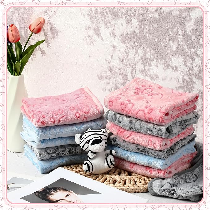Tegeme 12 Pcs Pet Blankets Soft Fluffy Fleece Dog Cat Warm Paw Print Pattern Blankets Flannel Throw for Pets Dog Puppy Cat(30 x 20 Inch,Pink,Gray,Blue)