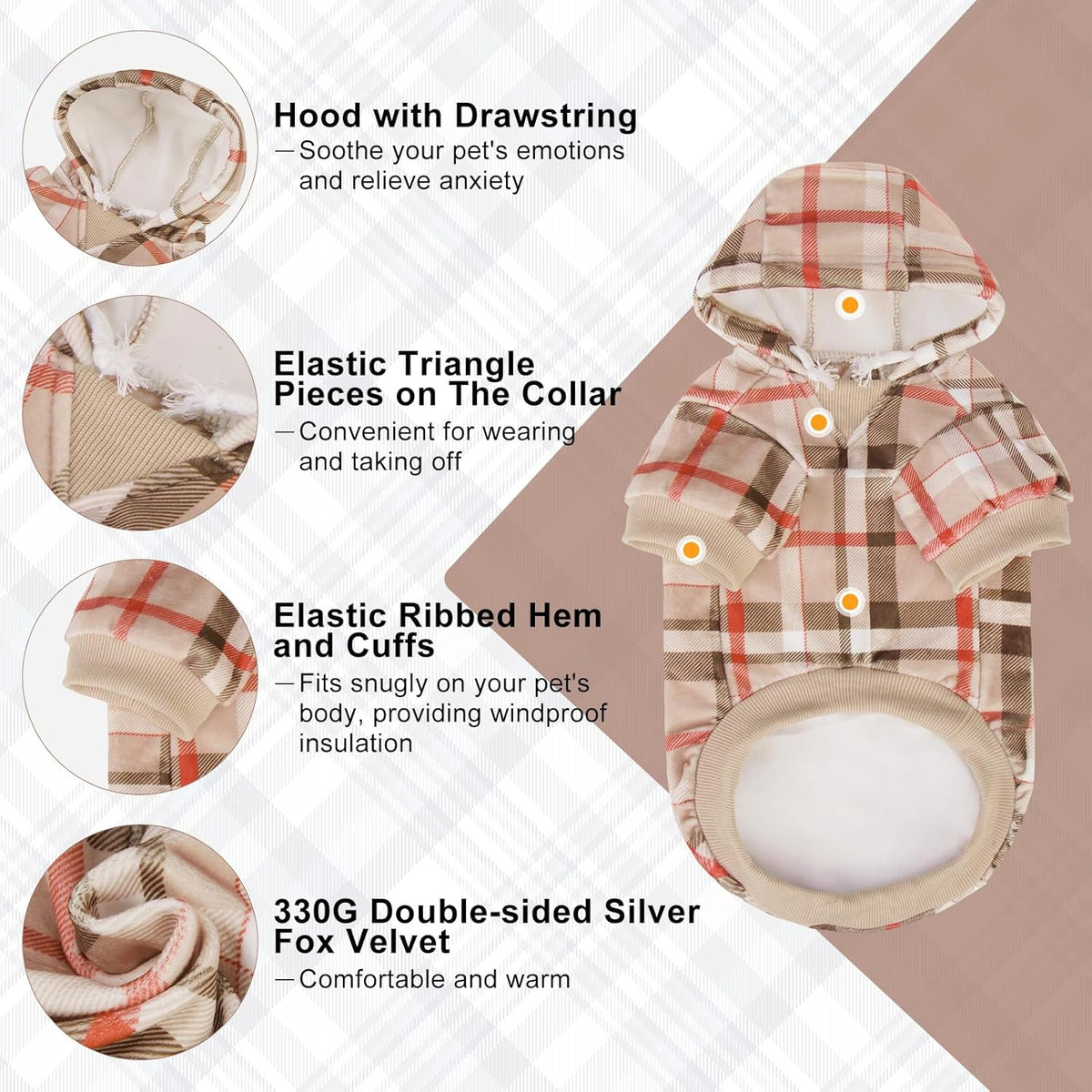 BEAUTYZOO Dog Hoodie Sweaters for Small Medium Large Size Dogs Girls Boys- Premium Quality, Ultra Soft, Superior Comfort Fit, Fleece Lined Hooded Sweatshirt- Cold Weather Pet Clothes Winter Coat,Plaid