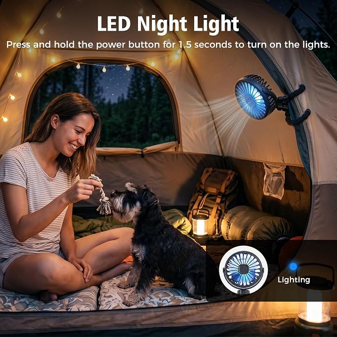 GTPLAYER Pet Stroller Fan, Portable Rechargeable Clip-On Fan with LED Light, Quiet 3-Speed Cooling Fan for Dogs & Cats, Black