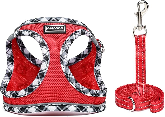 Mercano Soft Mesh Dog Harness and Leash Set, No-Chock Step-in Reflective Breathable Lightweight Easy Walk Vest Harnesses with Safety Buckle for Small Dogs, Cats (Red, M)