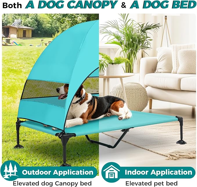 Outdoor Elevated Dog Bed with Canopy for Large Dogs, Blue, XL | Breathable Raised Cot with Shade, Tool-Free Setup for Patios, Backyards and Camping