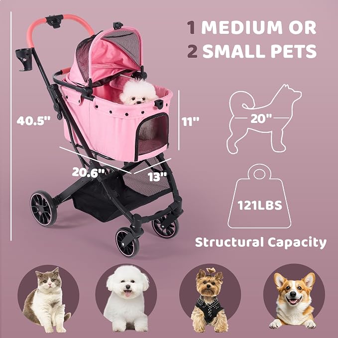Dog Stroller for Small to Medium Dogs with Detachable Carrier, Pink | 3-in-1 Pet Stroller, Dual-layer UV-Resistant Waterproof Canopy with Breathable Mesh, All-Terrain PU Wheels with Suspension