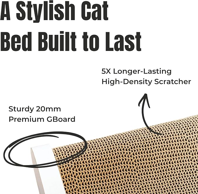 Claw Surfer Cat Bed - Cat Scratcher Bed & Lounge – Heavy Duty High-Density Cardboard, Lasts 5X Longer. Modern Curved Scratching Pad with 20mm White Frame. Non-Toxic, No Mess, White