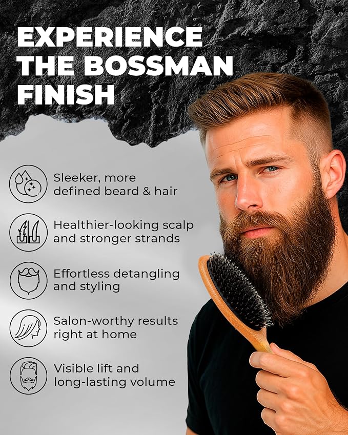 Bossman Men's Boar and Nylon Bristle Hair and Beard Brush - Detangling & Straightening Wooden Oval Wet Brush - Ergonomic Bamboo Design