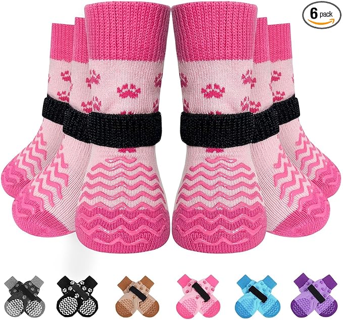 EXPAWLORER 6Pcs Anti Slip Dog Socks to Prevent Licking Paws, Dog Shoes for Hot Pavement Double Sides Dog Boots & Paw Protectors Booties for Hardwood Floors with Grip Small Medium Large Senior Dogs, XS
