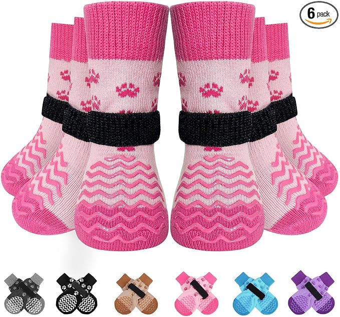 EXPAWLORER 6Pcs Anti Slip Dog Socks to Prevent Licking Paws, Dog Shoes for Hot Pavement Double Sides Dog Boots & Paw Protectors Booties for Hardwood Floors with Grip Small Medium Large Senior Dogs, M
