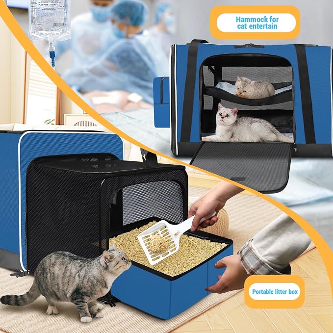 Petskd Side Expandable Extra Large Cat Carrier with Litter Box Area, 24"x17"x17" Soft-Sided Pet Carrier for 2 Cats Under 55 lbs with Zipper Locks for Car Travel(Prussian Blue)