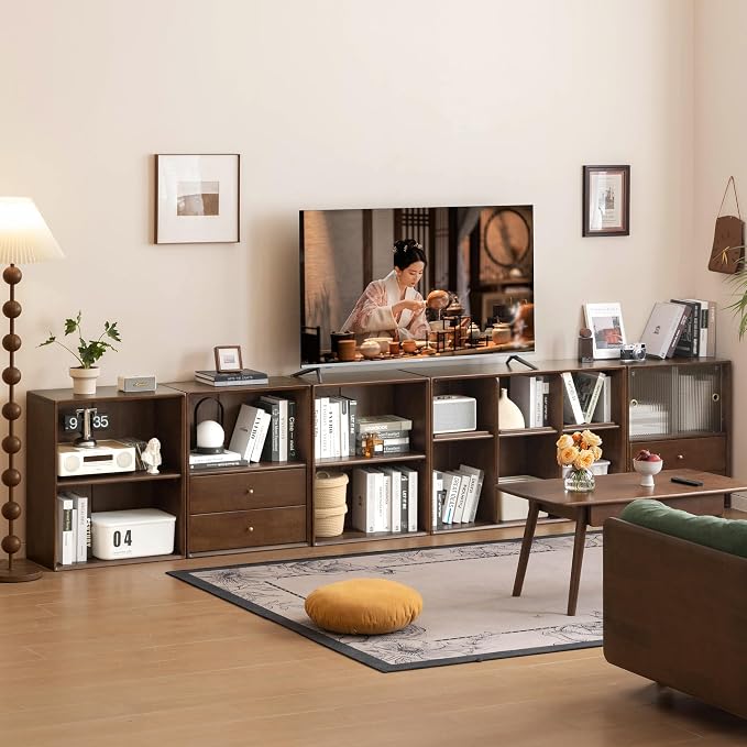 YESWOOD Modular Bookcase Storage Cubes, 100% Solid Rubberwood TV Stand Free Combination, Small Walnut Color Buffet Cabinet for Living Room Bedroom Study