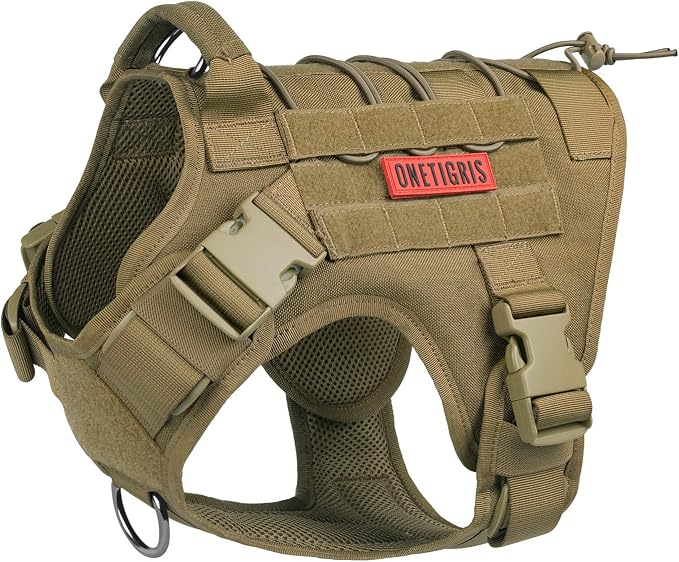 OneTigris Tactical Dog Harness with Handle No-Pull Adjustable for Large Dog | Military 1000D Pullable Nylon, Service Dog Vest with Hook & Loop Panels, Easy On & Off for Walking Hiking Training Brown XL