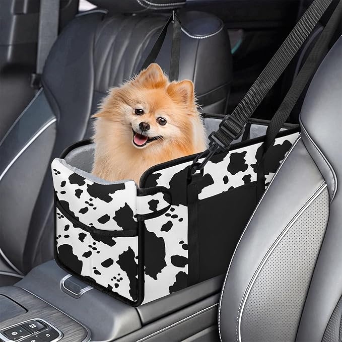 Portable Dog Car Seat for Small Dogs, Puppy Car Seat, Cow Pattern | Booster Seat With Safety Leash & Adjustable Straps Keeps Small Dogs Secure. Removable Washable Cushion. Fits Most Cars.