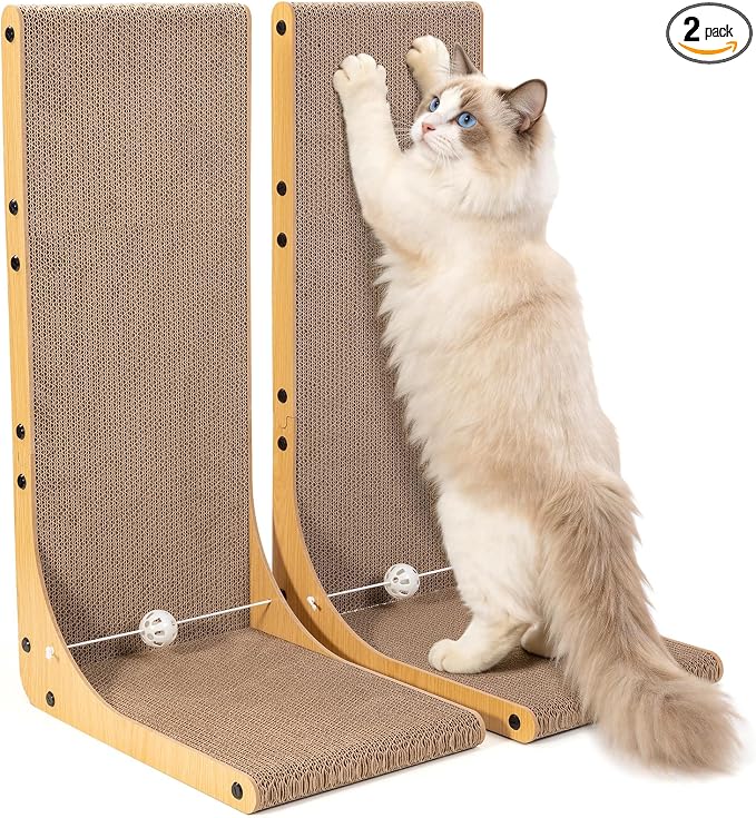 Value 2-Pack 26.8 Inch Cat Scratching Post, Premium High Density Cardboard Cat Scratcher for Multi-Cat Homes, Reinforced Durable Scratching Pad with Catnip Toy Ball for Indoor Cats