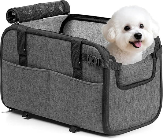 YUDODO Large Dog Car Seat for Center Console 10-18lbs, PU Booster Bed | Portable Puppy Cat Seat, Waterproof, Wipe Clean, Safe & Durable, Side Pockets, for Truck & SUV-Width>9.5in, Anti-Slip, Gray