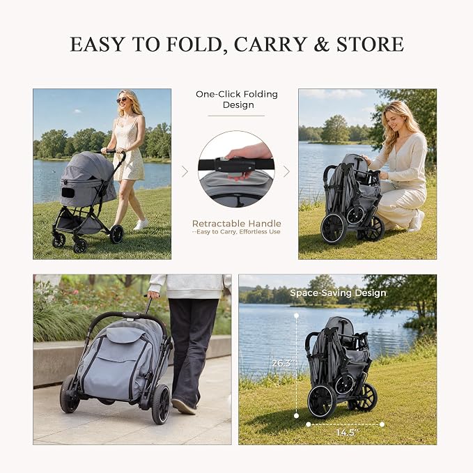 MUTTROS Dog Stroller, Pet Stroller for Small Medium Dogs & Cats Up to 66lbs, One Click Folding, Large Cat Stroller w/All Terrain Shock Absorbing Wheels, Reversible Handle, Multiple Pockets, Khaki