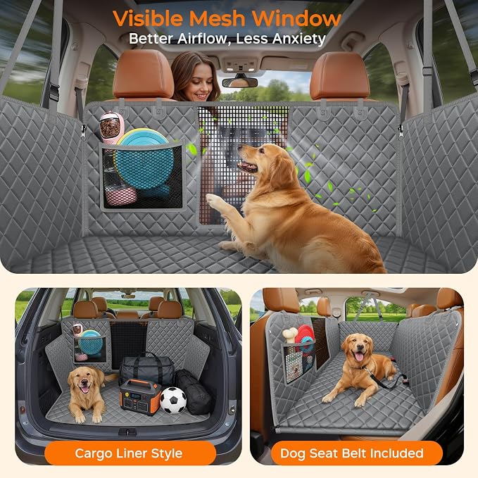 URPOWER Backseat Extender for Dogs - Hard Bottom Dog Car Seat Cover for Back Seat, Dog Hammock for Car and SUV, Pet Rear Seat Protector Dogs Travel Bed with Mesh Window & Side Flaps