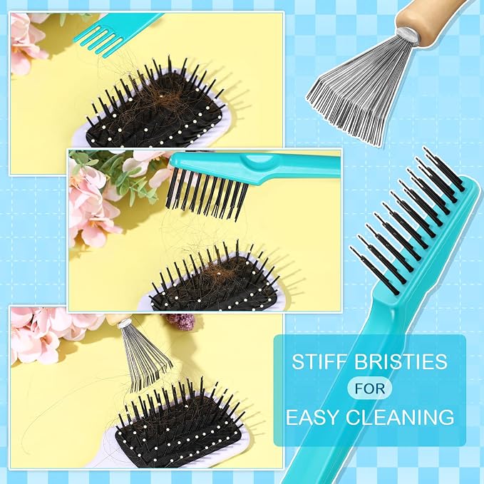 Boao 2 Pack Hair Brush Cleaning Tool,2-in-1 Comb Rake and Brush Cleaner for Removing Hair,Dust and Buildup,Mini Hairbrush Accessory for Home&salon(Green, Wood Color,Polished Wooden Handle Rake)