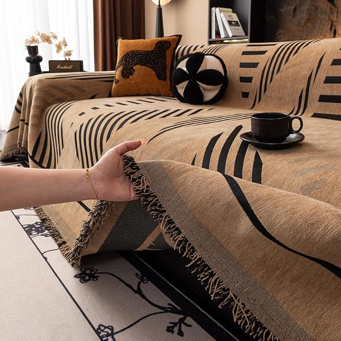 VClife Boho Couch Cover Washable Sectional Sofa Cover, Pet Couch Cover for Loveseat Versatile Coffee Black Geometry Sofa Throw Cover for L-Shape Sofa - Anti Slip Couch Sofa Cover for Dog 71"x118"